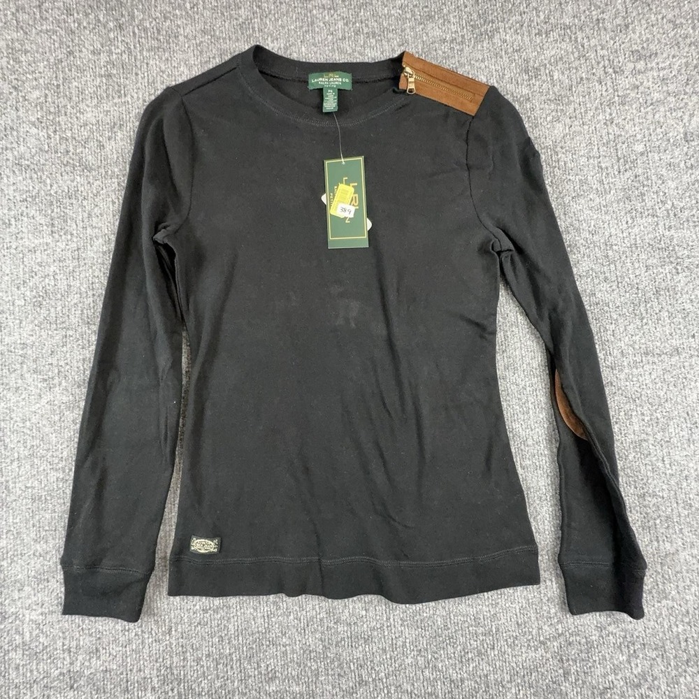 Lauren Jeans Co. Shirt Womens Petite PS Black Elbow Patch Zipper Long Sleeve